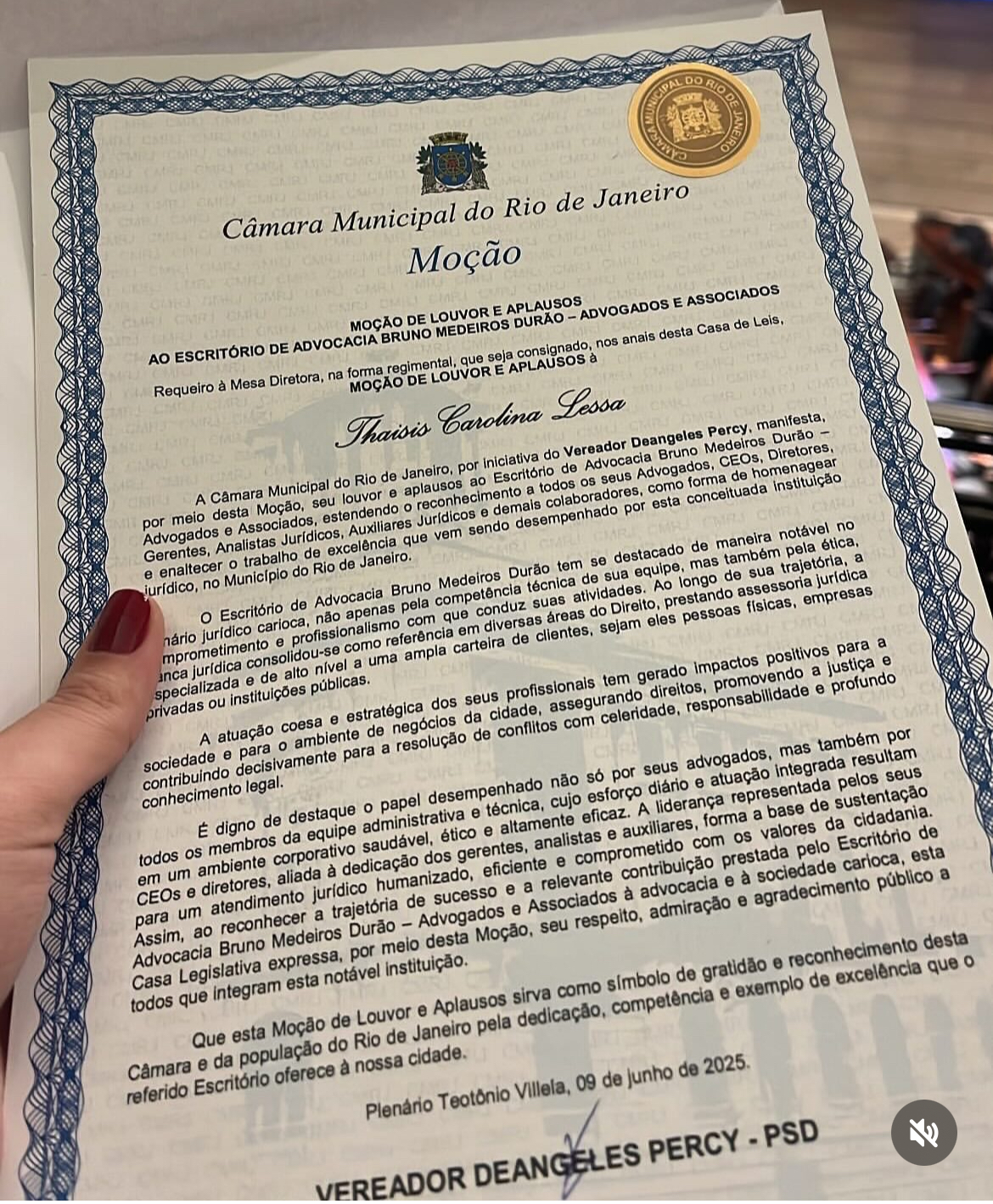 Moção de Louvor e Aplausos concedida pela Câmara Municipal do Rio de Janeiro