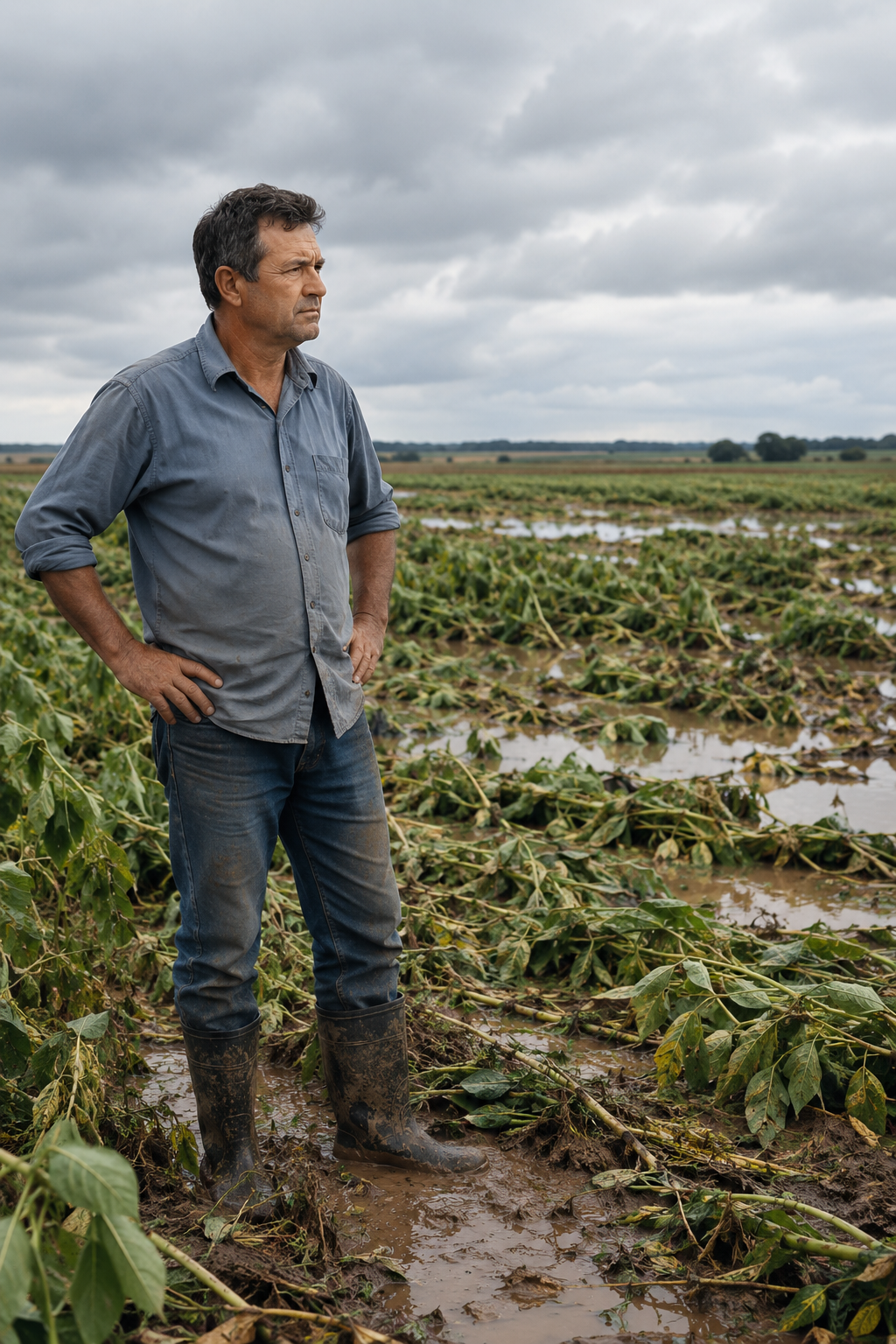 Produtor rural observando lavoura afetada por chuvas fortes